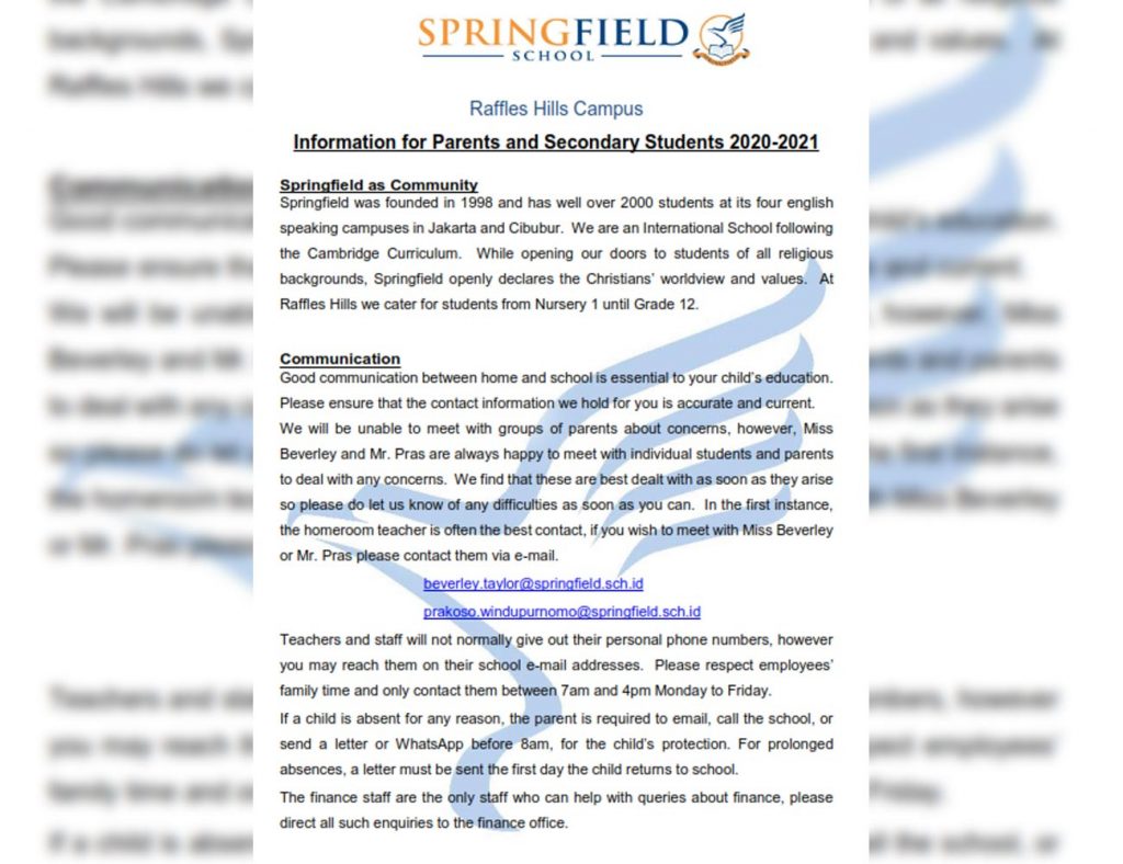 Information for Parents and Secondary Students 20202021 Springfield